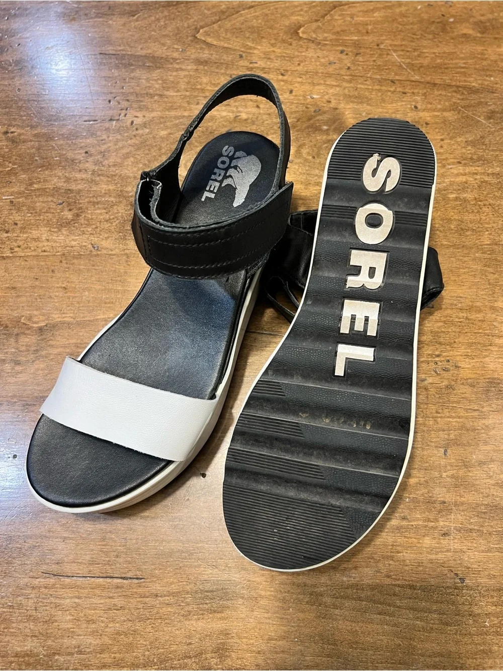 SOREL Black and White Platform Sandals with Ankle Strap